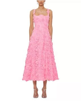 Leo Lin Pink Floral Appliqué Midi Dress